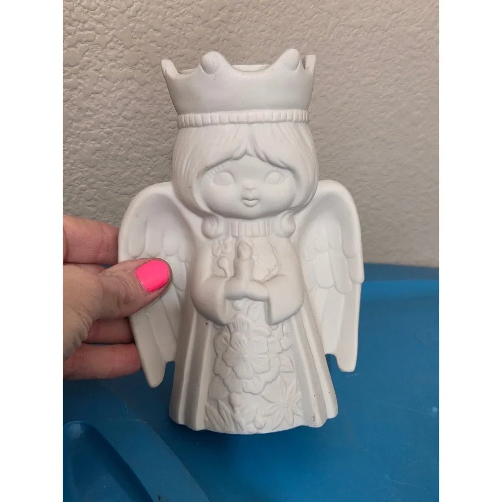 Vintage White Bisque Ceramic Angel Figurine Crown Candle Holder 6 Inch